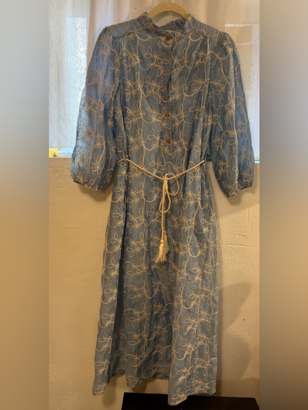 Ellison Light Blue Dress with Cream Embroidery and Rope Belt